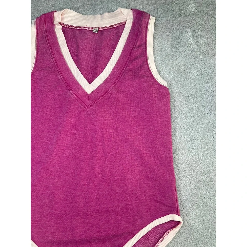 Free People Intimately Pink Varsity‎ V-Neck Bodysuit Sleeveless XS Small Preppy